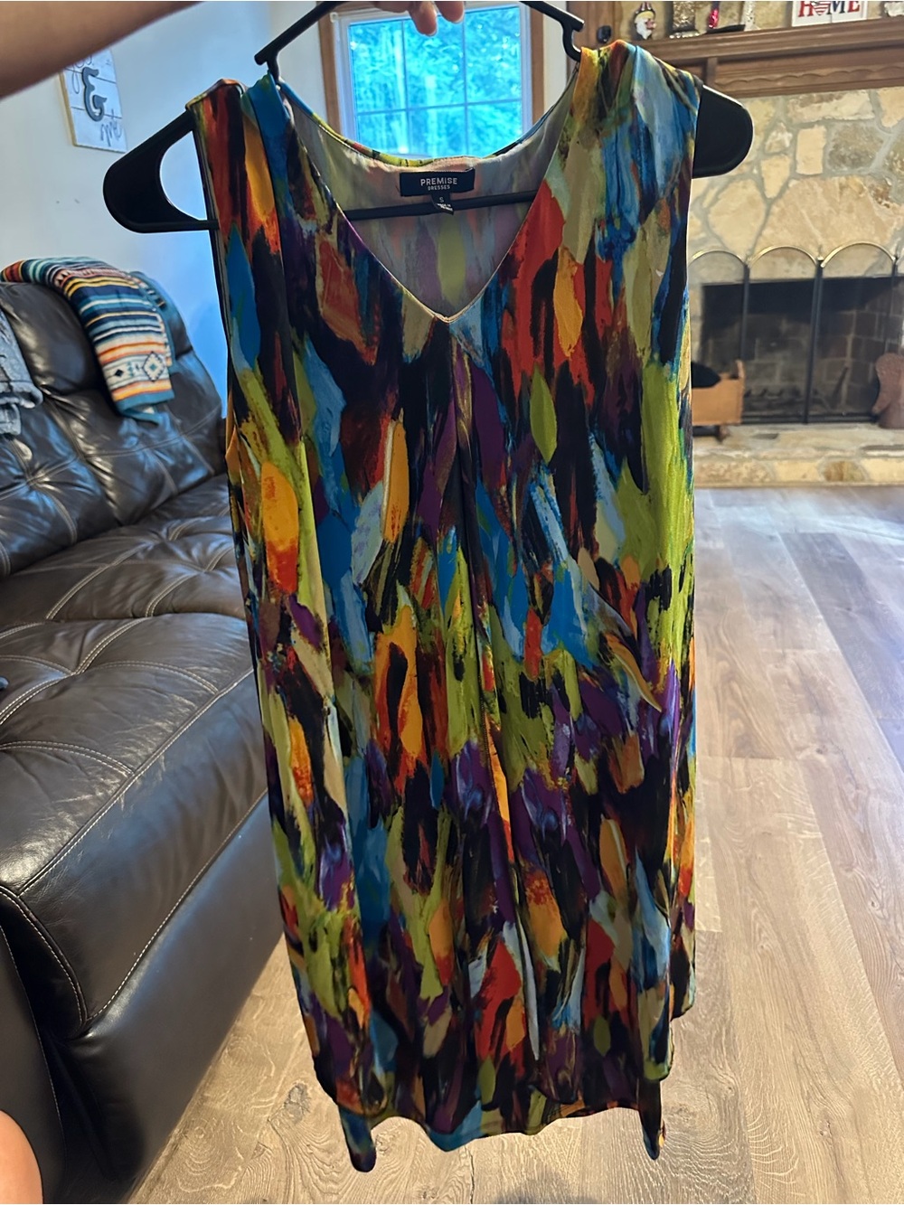 Premise Sleeveless V-Neck Dress in Vibrant Multicolor Brushstroke Print
